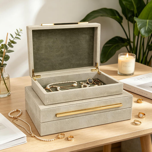Lerivira Set of 2 Decorative Box with Lids, Faux Leather Decorative Storage Boxes Modern Beige Keepsake Box Wedding Memory Box Bins, Jewelry Photo Card Organizer Boxes for Home Decor (Beige)