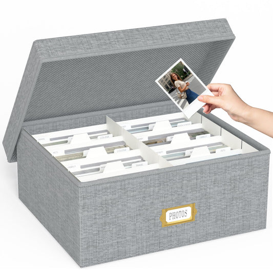 Decorative Photo Storage Box - Linen Photo Box Organizer with Dividers, Fits Holds Up to 1700 Pictures and 4x6 Photos, Memory Keepsake Organizer for Photos, Scrapbook Supplies, Cards, Stamps (Grey)