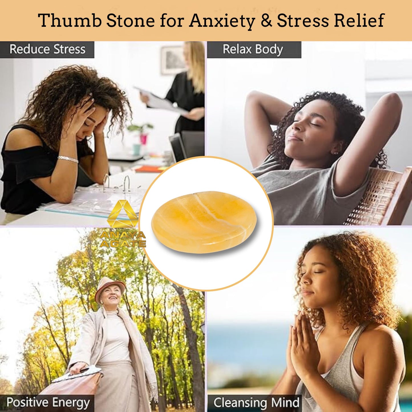 Anaya Agate Yellow Calcite Worry Stones Certified Crystal Thumb Worry Stone for Anguish, Relaxing and Soothing Balance Stones for Meditation, Stress Relief Crystals and Healing Stones for Men, Women