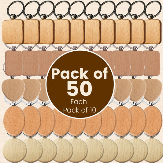 50-Pcs Blank Keychains -Light & Medium Brown, Beige & Pale Wood Beech Tree Wooden Keychain Blanks for Engraving Crafts DIY Gifts Wedding Birthday Anniversary Pet Tags Name Tags Luggage & Party Favors