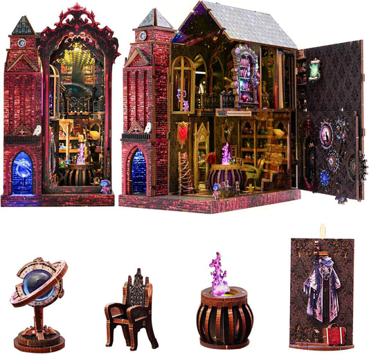 Magic Castle Book Nook Bookshelf Insert Kit – LED Infinity Mirror 3D Wooden Puzzle with Gear Mechanism,368 Pcs DIY Model for Fantasy Book Decor, Gifts for Adults & Teens