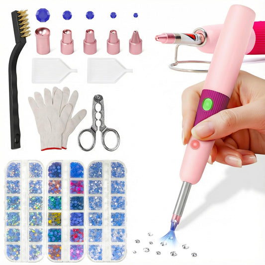 PP OPOUNT Hotfix Rhinestone Setter - Bedazzler Kit with Rhinestones for Clothes, Crafts, Shoes & T-Shirts, DIY Bedazzling Kit with 5 Different Tip Sizes, Stand, Glove, Cleaning Brush, Tray (Pink)