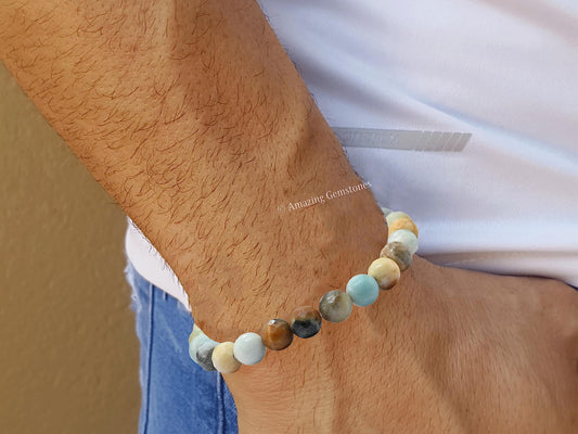 Amazing Gemstone Mexican Amazonite Bracelet for Women - Chakra Mens Bracelet Protection Crystals&Healing Stones - Blessing Bracelet Spiritual Meditation Gift (Faceted Beaded Bracelet, Adjustable)