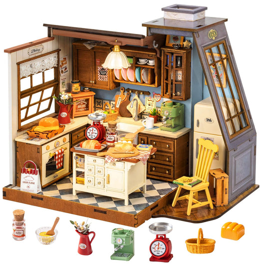 Rolife DIY Dollhouse Miniature House Kit 1:18 Scale Baking Kictchen with Pitched Roof Window, Diorama Tiny House Building Kit Crafts for Adults Home Decor Gift for Women Men Her