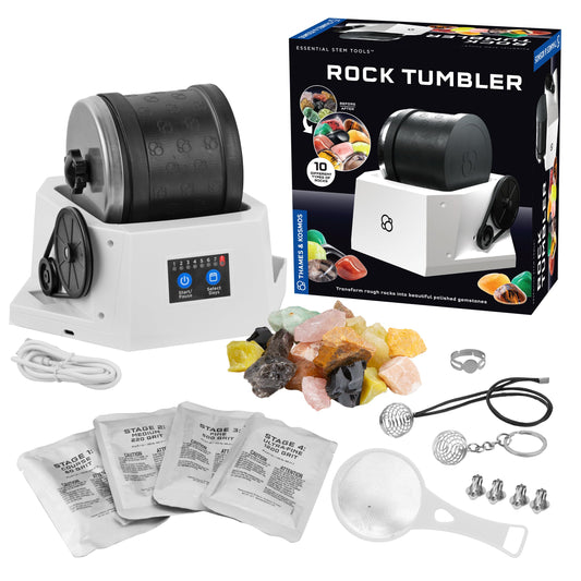The Thames & Kosmos Rock Tumbler Essential STEM Tool | Durable, Leak-Proof, Noise-Reducing Barrel, Built-in Timer | Polish & Shine Kids Rock Collections, Includes Authentic Specimens & Polishing Grits