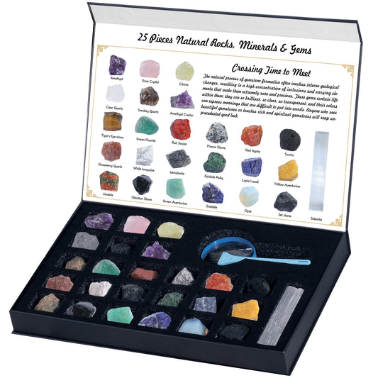 HEMYLU Rock Collection for Kids, 25PCS Crystal Gem Mineral Collection Set Box Gift for Boys and Girls, Natural Gemstone with Learning Guide Education Set