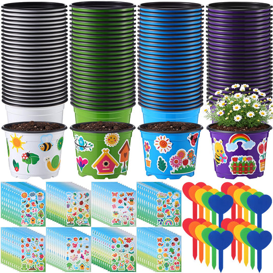 RimCereal 100 Sets Garden Pot Craft Kit, Flower Plant Spring Craft Including Plastic Nursery Plant Pots Labels Tags Stickers for DIY Flower Planting Growing Birthday Arts Kit (Classic)
