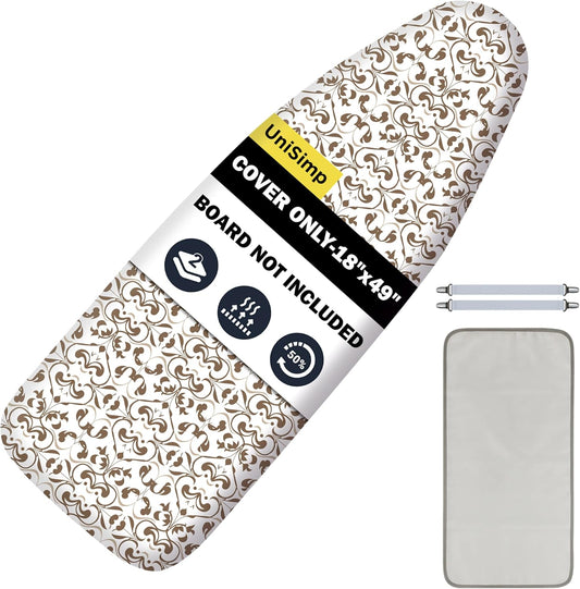 UniSimp Ironing Board Cover - Extra Thick Natural Cotton, Scorch & Stain Resistant | 18"x49", Taupe