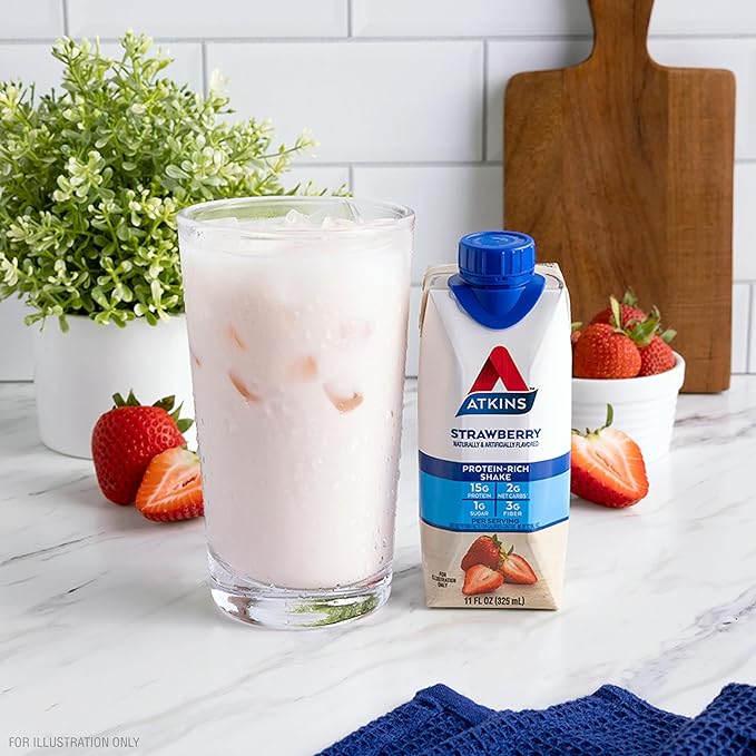 Atkins Strawberry Flavored Protein Shake, High Protein, Low Glycemic, Low Sugar and Low Carb, Keto Friendly, Gluten Free, 12 Count