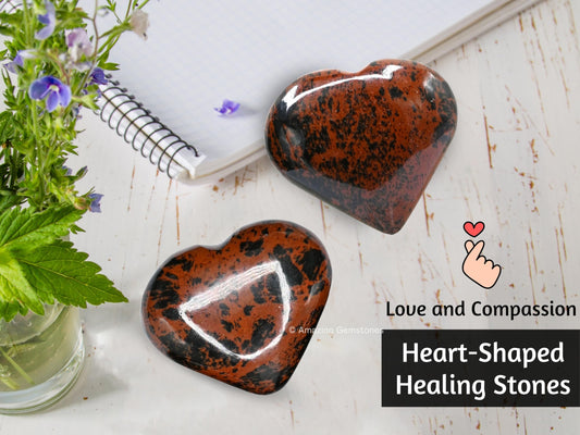 Amazing Gemstone Mahogany Obsidian Crystal Heart Palm Stone - Pocket Massage Worry Stone for Natural Body Chakra Balancing, Reiki Healing and Crystal Grid