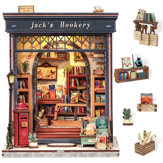 Cutefun Book Nook Kit - DIY Miniature Dollhouse Library Kit for Adults and Teens, Tiny House Building Bookshelf Insert Decor with LED Light, Gifts for Family and Friends (Jack's Bookery)