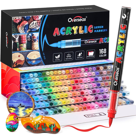 Overseas Acrylic Paint Markers 168 Colors, Brush Tip Paint Pens with Automatic Ink Control System, Quick Drying Liquid Ink Acrylic Marker for Rock, Wood, Canvas, Glass, Fabric, Metal, Plastic, Rubber