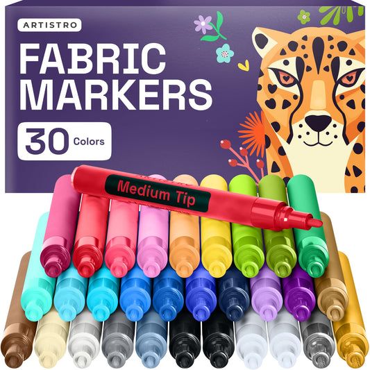 ARTISTRO 30 Fabric Markers - Fabric Decorating Kit - Permanent for Clothes - Acrylic Paint Pens for Sneakers, Bags, Shoes, Textile, Canvas, Sewing, Craft, DIY - Medium Tip