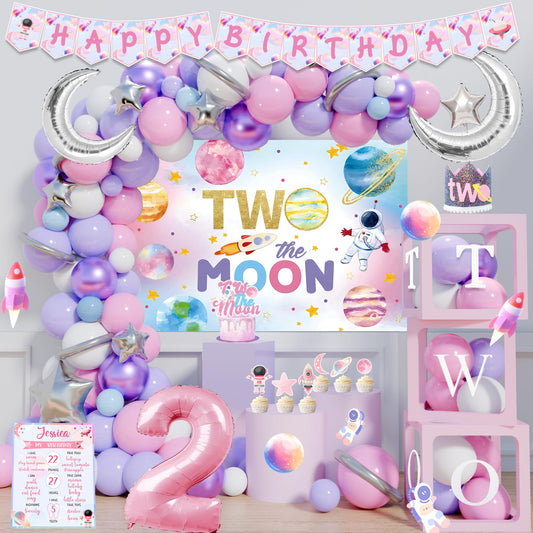 Two the Moon Birthday Decorations Girl, Outer Space 2nd Birthday Party Decorations, Two the Moon Backdrop Cake Cupcake Topper Balloon Garland Two Years Old Girl Party Supplies Kit Moon Themed for Girl