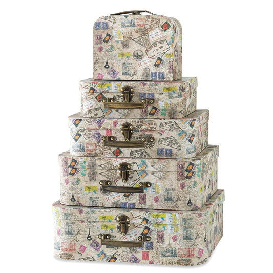 Soul & Lane Decorative Suitcase Storage Boxes with Handle, Set of 5 Cardboard Vintage Suitcases and Travel Décor, Paperboard Luggage Props, Travel-Themed Plane Party Decoration