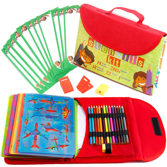 Drawing Stencils for Kids Kit & Carry Case – – Child-Safe, Non-Toxic Stencil Set with 300 Shapes, Colored Pencils, Paper, Etc. – Birthday Gifts & Travel Art Supplies for Creativity, Learning and Fun