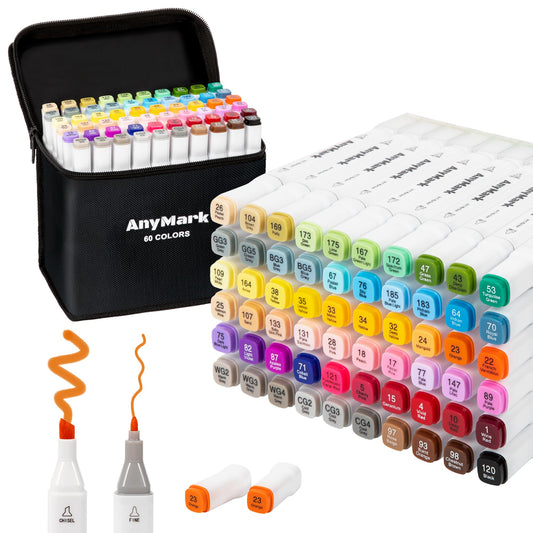 AnyMark Alcohol Markers, 60 Colors Dual Tip Art Coloring Markers Set for Kids Adult Book Drawing Sketching Painting, Chisel & Fine, White Penholder