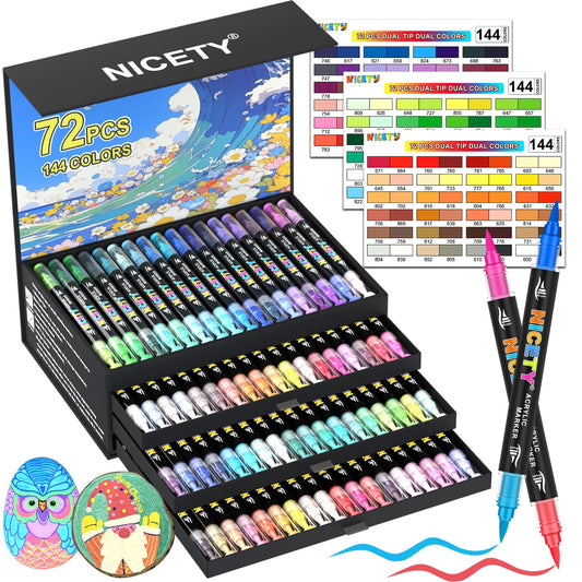 NICETY 144 Colors Acrylic Paint Markers – 72 Pack Dual Tip Acrylic Paint Pens with Brush Tip, Water-Based Quick-Dry Non-Bleed Paint Markers for Rock, Wood, Glass, Ceramic, Fabric, and Canvas