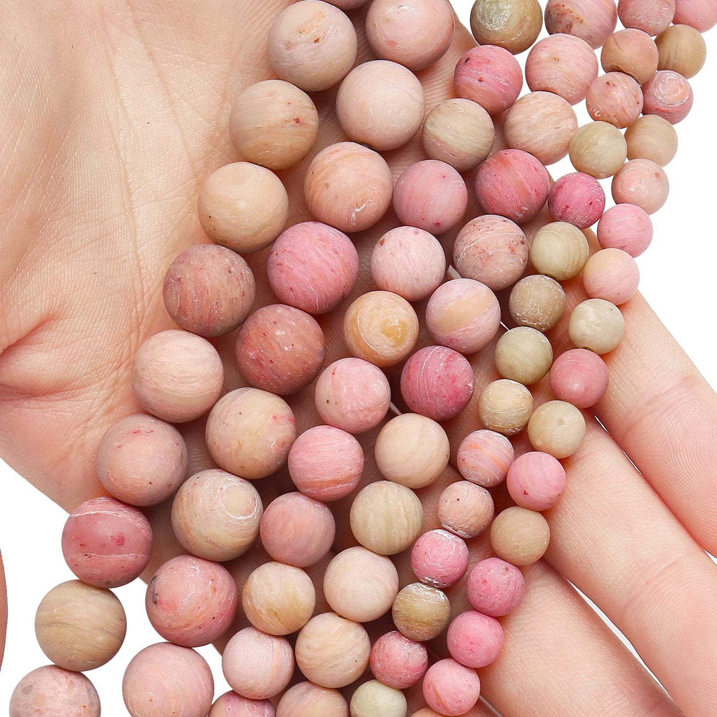 Natural Matte Rhodochrosite Beads, 8MM Round Frosted Unpolished Loose Gemstone Beads for Bracelet Necklace Jewelry Making, Energy Stone Healing Power with Stretch Beading Cord