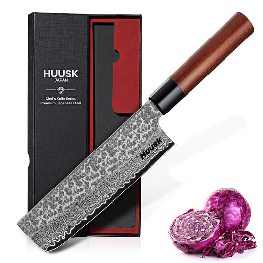 Huusk Japanese Nakiri Knife 7-Inch - Hand Forged Meat Cleaver Vegetable Chopping Knife, VG10 Damascus Chef Knives with Rosewood Handle, Japanese Kitchen Knives for Cooking, Gifts for Men