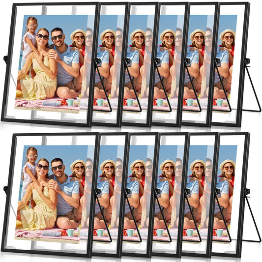 Hoteam 12 Pack 7 x 9 Inch Black Floating Frame for Photo 5 x 7 Inch, Glass Floating Picture Frame Collection Vintage Metal Minimal Ornate Easel for Wedding Gift Pictures Photos Desk Tabletop Display