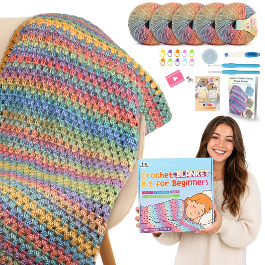 Aeelike Blanket Crochet Kit for Beginners, Super Easy Crochet Blanket Kit with Soft & Colorful Gradient Yarns Detailed Video Tutorials Accessories, Ideal Gift for Crocheter & Rainbow Gradient