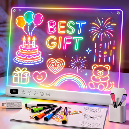 Cosmody Rechargeable LED Drawing Board for Kids, Large 16" Light Up Drawing Pad with 8 RGB Colors & 6 Dynamic Modes, Neon Art Dry Erase Board with Tracing Book & 7 Markers,Creative Gift for Girls Boys
