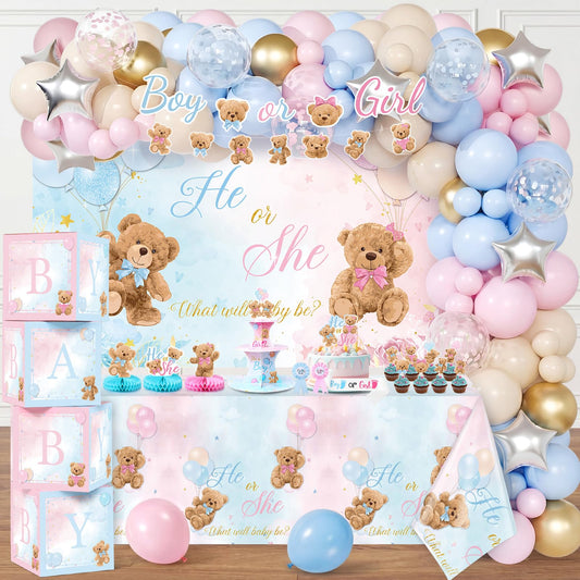 Duraaamo 207Pcs Bear Gender Reveal Party Decorations Boy or Girl Pack, Bear Balloon Kit with Backdrop Banner, Tablecloth, Balloon Boxes, Cupcake Stand, Sash, Pin for Baby Shower Gender Reveal Supplies