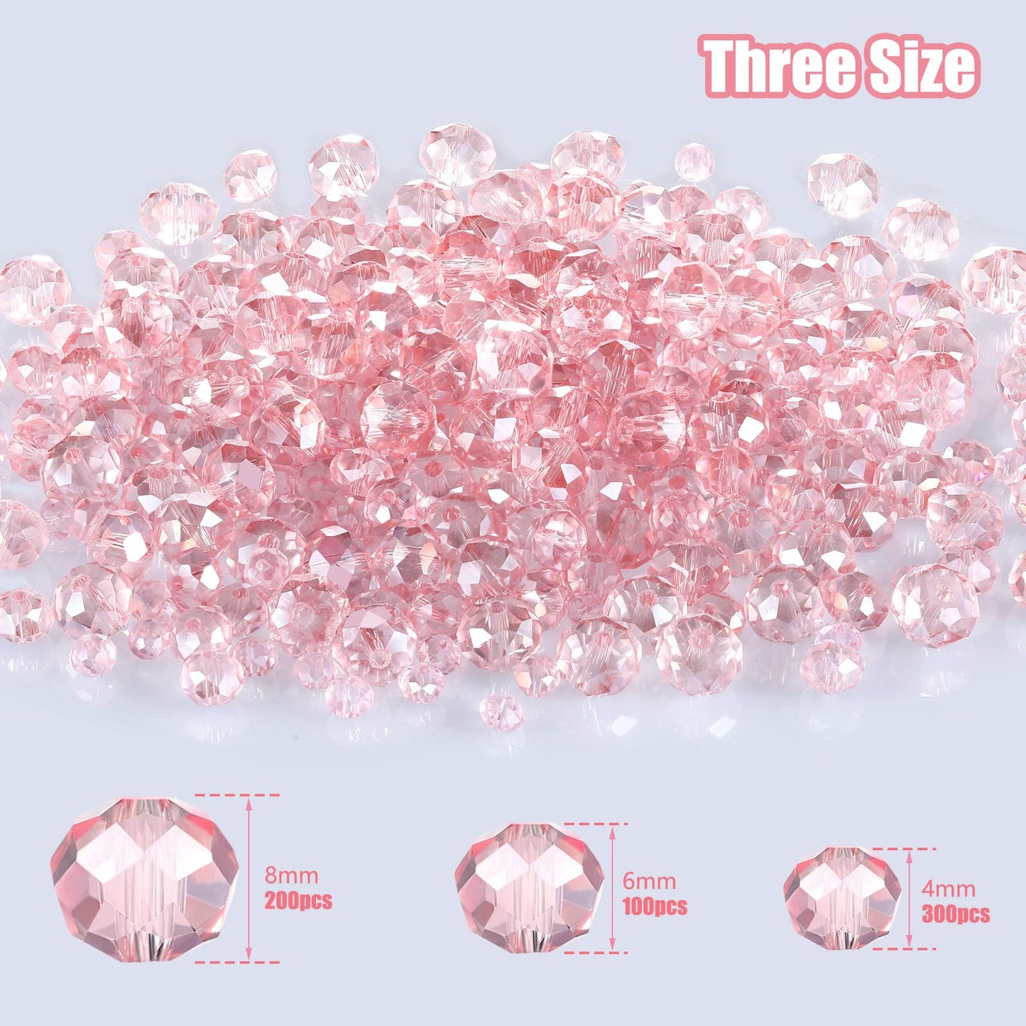 WILLBOND 600 Pcs Crystal Glass Beads for Jewelry Making Bulk Suncatcher Faceted Rondelle Loose Gemstone for Valentine's Day, Irish Holiday, Easter Bracelet DIY Crafts 8mm, 6mm, 4mm(Pink AB Color)