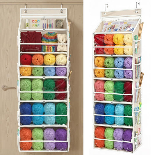 LASTORA Heavy-Duty Oxford Hanging Yarn Storage Organizer with 6 Tiers, Odorless Over the Door Yarn Holder for Crochet and Knitting Lovers, 5 Large Pockets + 1 Tool Section