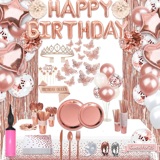 Guudmua 285 Pcs Rose Gold Party Decorations, Birthday Decorations For Women Or Girl - Knives, Forks and Spoons, Tiara, Butterfly, Sash, Paper Pom Poms, Balloon Stand, Tableware For 25 Guests