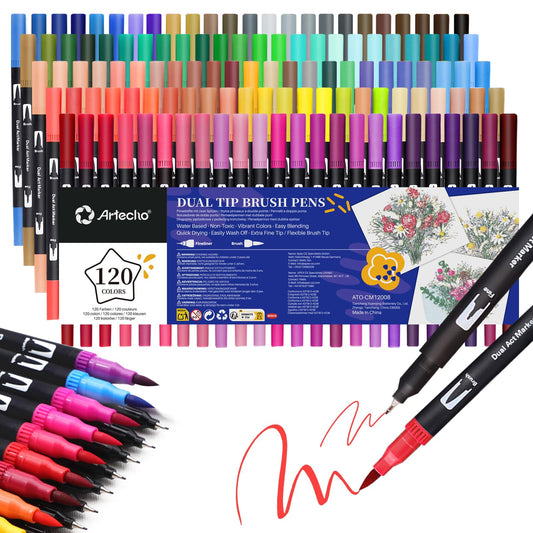 Artecho 120 Colors Markers for Adult Coloring Books, Dual Tip Markers for School, Fine and Brush Tip for Adults Coloring Books, Calligraphy, Drawing, Sketching