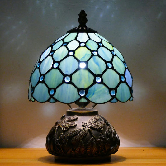 WFAYNTIFL Small Tiffany Lamp Mini Stained Glass Table Lamp Sea Blue Pearl Style Mushroom Memory Sympathy Lamp 8X11 Inch