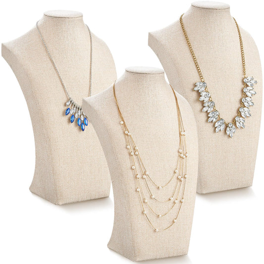 Kigley 3 Pcs Linen Jewelry Display Bust Necklace Display Stand Necklace Mannequin Holder for Jewelry Selling Trade Shows(Beige,13.4 x 8.1 Inch)
