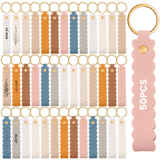 Wavyknot 50 Pcs Scalloped PU Leather Keychain Wave-edged Blanks Laser Engraving Blanks Loop Keychain Kit Bulk with Key Rings 5.51" x 0.79" for DIY Key Chains Craft, Anniversary, Birthday Gift