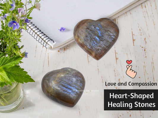 Amazing Gemstone Sun Moonstone Crystal Heart Palm Stone - Pocket Massage Worry Stone for Natural Body Chakra Balancing, Reiki Healing and Crystal Grid