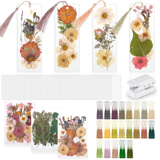 Fuyoooo 376 Pcs Dried Flower Bookmark Making Kit, DIY Bookmark Laminating Pouches with Tassels and Puncher, Handmade Craft Kit for Women, DIY Gifts for Book Lovers (Retro Color,2 x 6 Inch)