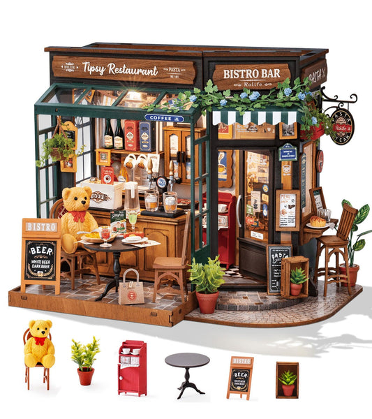 Rolife DIY Miniature House Kit 1:18 Coffe&Bar Dollhouse Diorama Model, Build Mini House Building Kit with LED Light Hobby Crafts for Adults Gift for Him Her (Tipsy Restaurant)