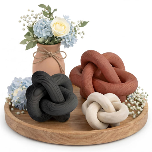 BrightRow Wood Knot Decorations Set of 3, Wooden Chain Link Coffee Table Decor, Modern Boho Farmhouse Rustic Home Decor for Living Room Shelf Tabletop Sizes 3.94", 4.72", 5.91"(Rust)