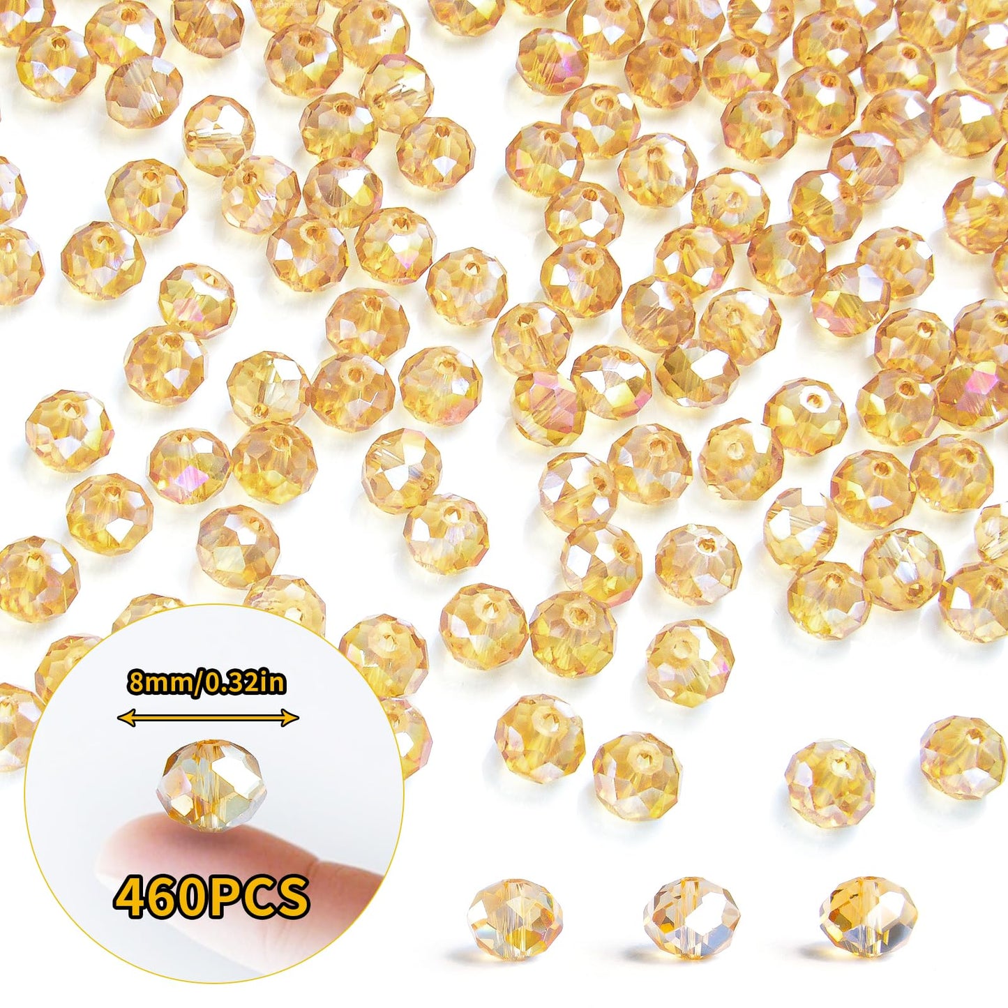 Laopottbeads 460Pcs 8mm Crystal Glass Beads for Jewelry Making Beads for Bracelets Necklace Pendants Making Supplies(Gold Champagne)