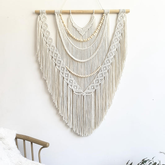 guzhiou Large Macrame Wall Hanging, 27'' W x 36'' L Boho Art Tapestry Wall Decor for Urban entryway,Living Room,Bedroom Decor, headboard Woven, Big Fiber Art Over Couch (Wood Bead)