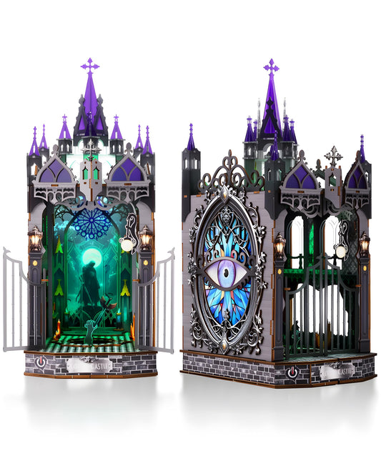 Book Nook Kit for Adults,3D Wooden Puzzle DIY Miniature Booknook Bookend Bookshelf Decor with LED Light,Gothic Castle Bookshelf Insert for Home Decor Gift,3D Wooden Puzzle.