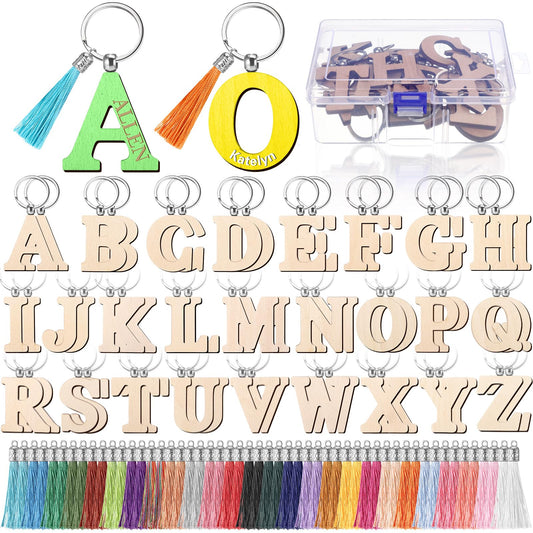 Tondiamo 52 Pcs Personalized Letter Keychain Wood Engraving Blanks Keyring Name Keychain with Tassel Container for DIY Craft