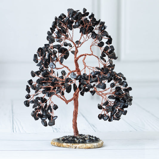 Crocon® Black Tourmaline Gemstone Tree Geode Agate Slice Base, Handmade Crystal Tree for Positive Energy, Attract Good Luck, Chakra Tree of Life, Black Healing Stone for Root Chakra, Meditation Gift