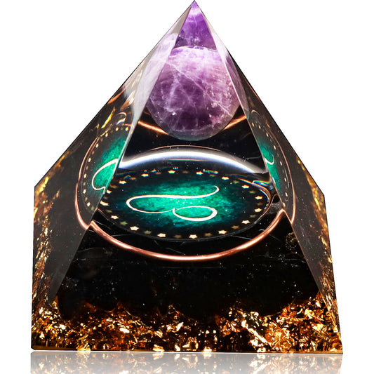 12 Zodiac Orgone Crystal Pyramid, Natural Amethyst with Obsidian,Healing Crystals Pyramid for Protection Chakra, Unique Constellation Pyramid for Positive Energy, Healing Money Health(Leo)