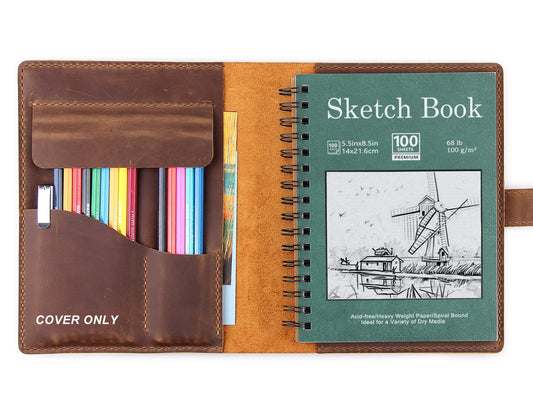 Robrasim Handmade Leather Sketchbook Cover, Leather Artist Sketch Pad Cover for 5.5" x 8.5" Sketchbook, Drawing Book and Pencil Case, Journal Notebook Portfolio, Artis Gifts-Brown