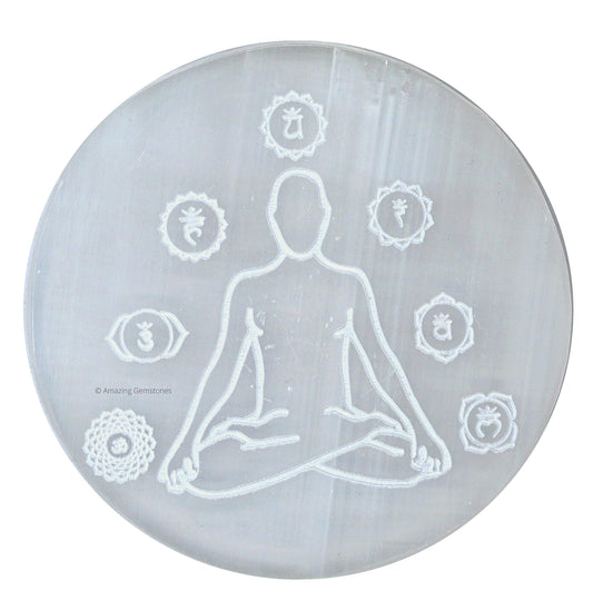 Amazing Gemstone Selenite Crystal Charging Plate For Crystals And Healing Stones, 3" Selenite Crystal Plate Engraved Buddha Coaster For Home, Office Table Decor (Selenite Round Disc)