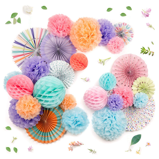 PapaKit 26pc Deluxe Large Multicolor Party Decoration Set - Vibrant Tissue Paper Pom Poms, Honeycomb Balls & Hanging Paper Fans Backdrop - Festive Decor for Birthday, Baby Shower, Fiesta & Photo Booth