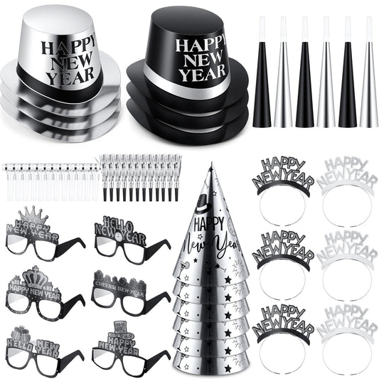 Junkin 54 Pcs New Years Eve Party Supplies 2026 Kit for 24 Guests Include Top Hats Cone Hats Glasses Headbands Blowing Dragon Trumpet Happy New Year Decorations Bulk Party Favors (two-tone)