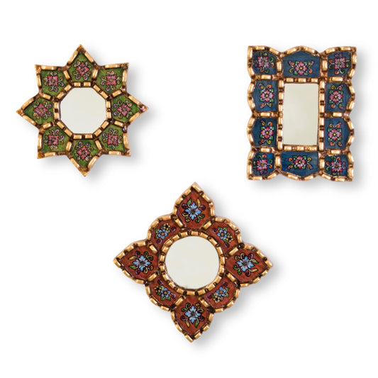 DecorContreras Peruvian Mirror Set of 3 – Handmade Painted Glass Mirror Wall Decor in Green, Red and Blue